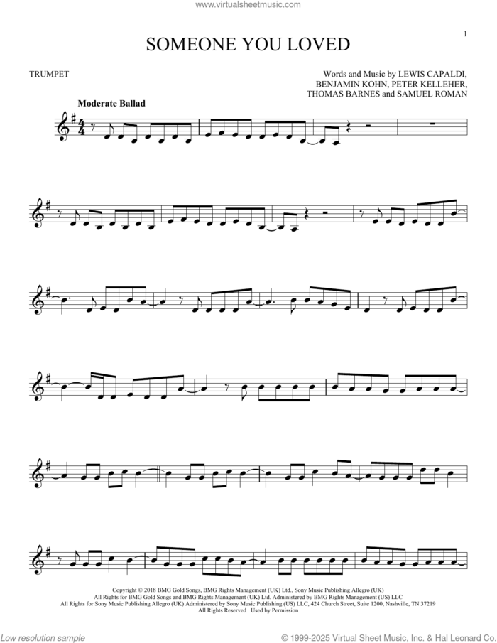 Someone You Loved sheet music for trumpet solo by Lewis Capaldi, Benjamin Kohn, Peter Kelleher, Samuel Roman and Thomas Barnes, intermediate skill level