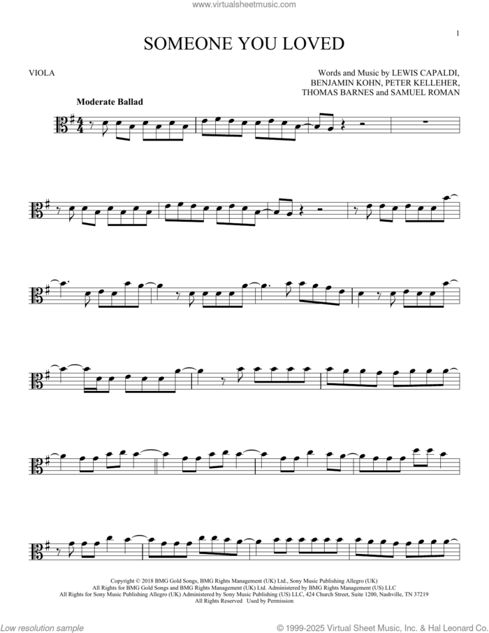 Someone You Loved sheet music for viola solo by Lewis Capaldi, Benjamin Kohn, Peter Kelleher, Samuel Roman and Thomas Barnes, intermediate skill level