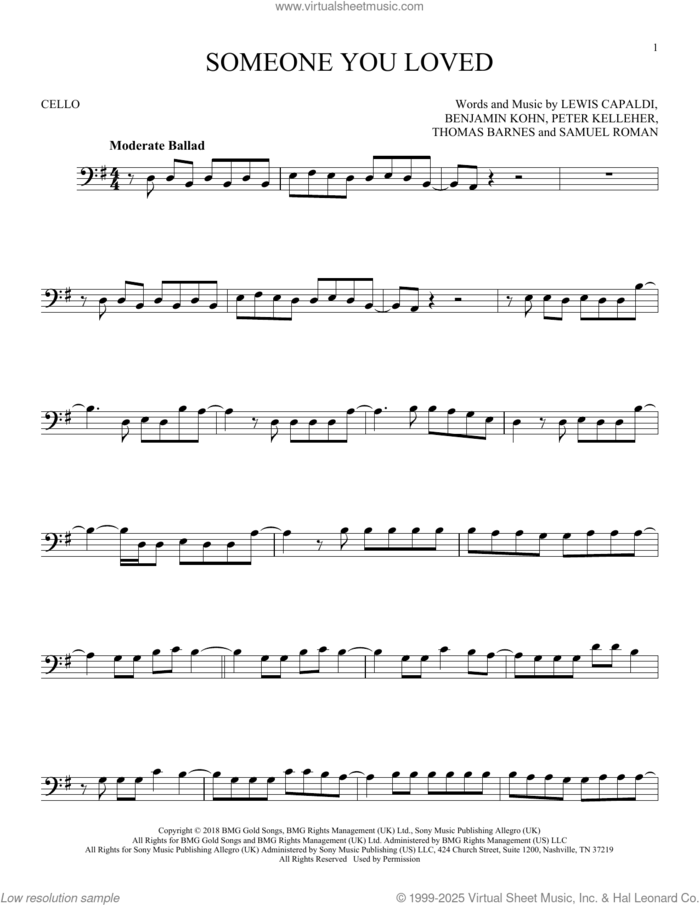 Someone You Loved sheet music for cello solo by Lewis Capaldi, Benjamin Kohn, Peter Kelleher, Samuel Roman and Thomas Barnes, intermediate skill level