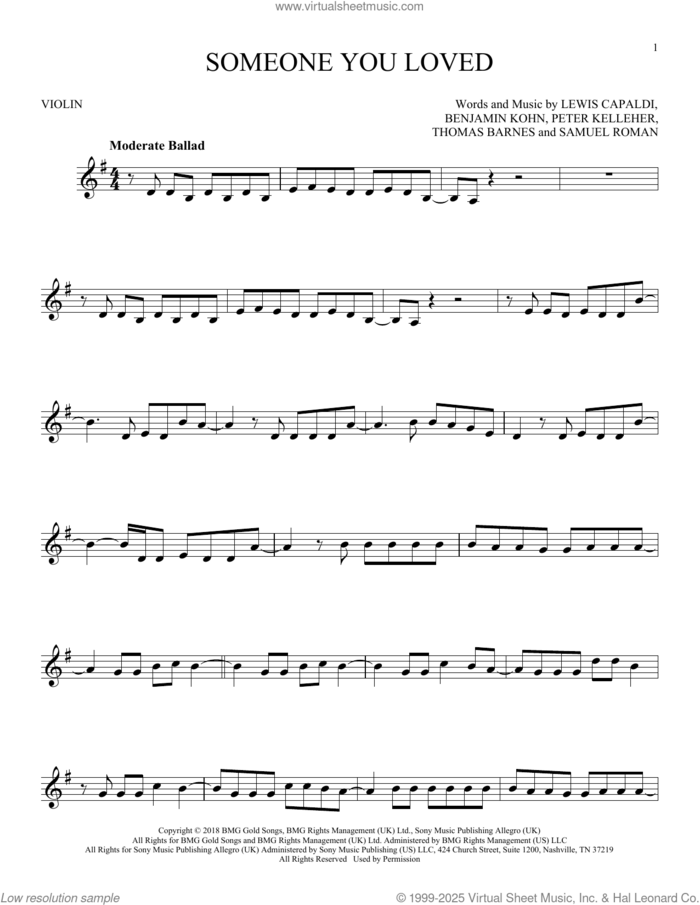 Someone You Loved sheet music for violin solo by Lewis Capaldi, Benjamin Kohn, Peter Kelleher, Samuel Roman and Thomas Barnes, intermediate skill level