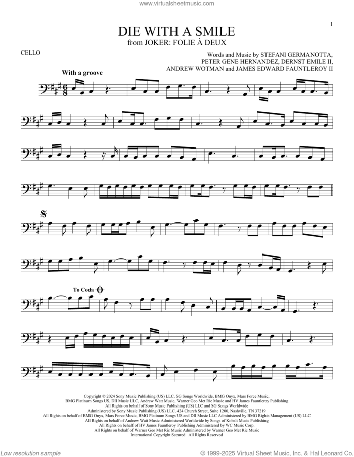 Die With A Smile sheet music for cello solo by Bruno Mars And Lady Gaga, Andrew Wotman (Andrew Watt), Dernst Emile II, James Fauntleroy, Lady Gaga and Peter Gene Hernandez, intermediate skill level
