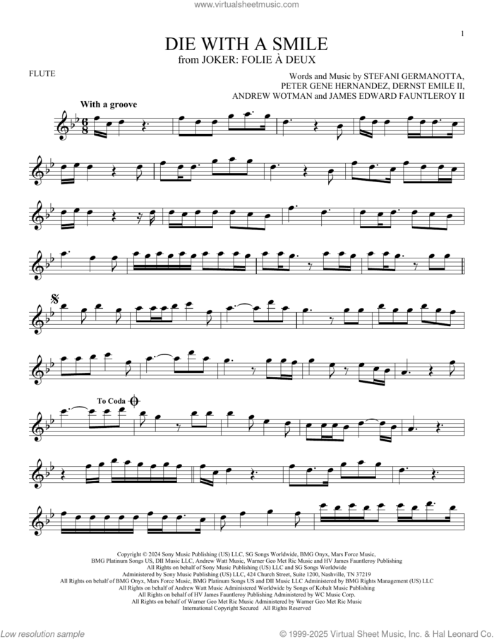Die With A Smile sheet music for flute solo by Bruno Mars And Lady Gaga, Andrew Wotman (Andrew Watt), Dernst Emile II, James Fauntleroy, Lady Gaga and Peter Gene Hernandez, intermediate skill level