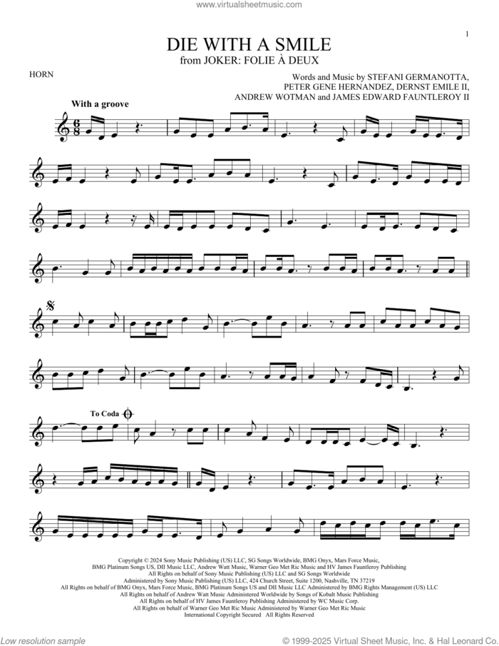 Die With A Smile sheet music for horn solo by Bruno Mars And Lady Gaga, Andrew Wotman (Andrew Watt), Dernst Emile II, James Fauntleroy, Lady Gaga and Peter Gene Hernandez, intermediate skill level