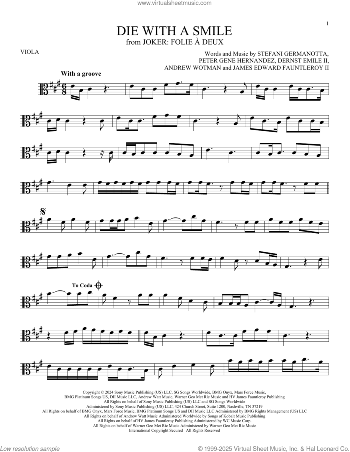 Die With A Smile sheet music for viola solo by Bruno Mars And Lady Gaga, Andrew Wotman (Andrew Watt), Dernst Emile II, James Fauntleroy, Lady Gaga and Peter Gene Hernandez, intermediate skill level