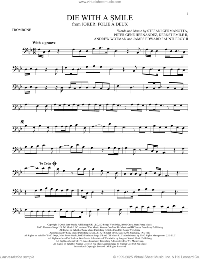 Die With A Smile sheet music for trombone solo by Bruno Mars And Lady Gaga, Andrew Wotman (Andrew Watt), Dernst Emile II, James Fauntleroy, Lady Gaga and Peter Gene Hernandez, intermediate skill level