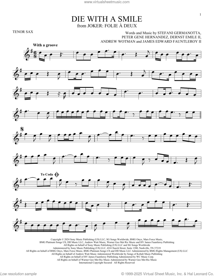 Die With A Smile sheet music for tenor saxophone solo by Bruno Mars And Lady Gaga, Andrew Wotman (Andrew Watt), Dernst Emile II, James Fauntleroy, Lady Gaga and Peter Gene Hernandez, intermediate skill level