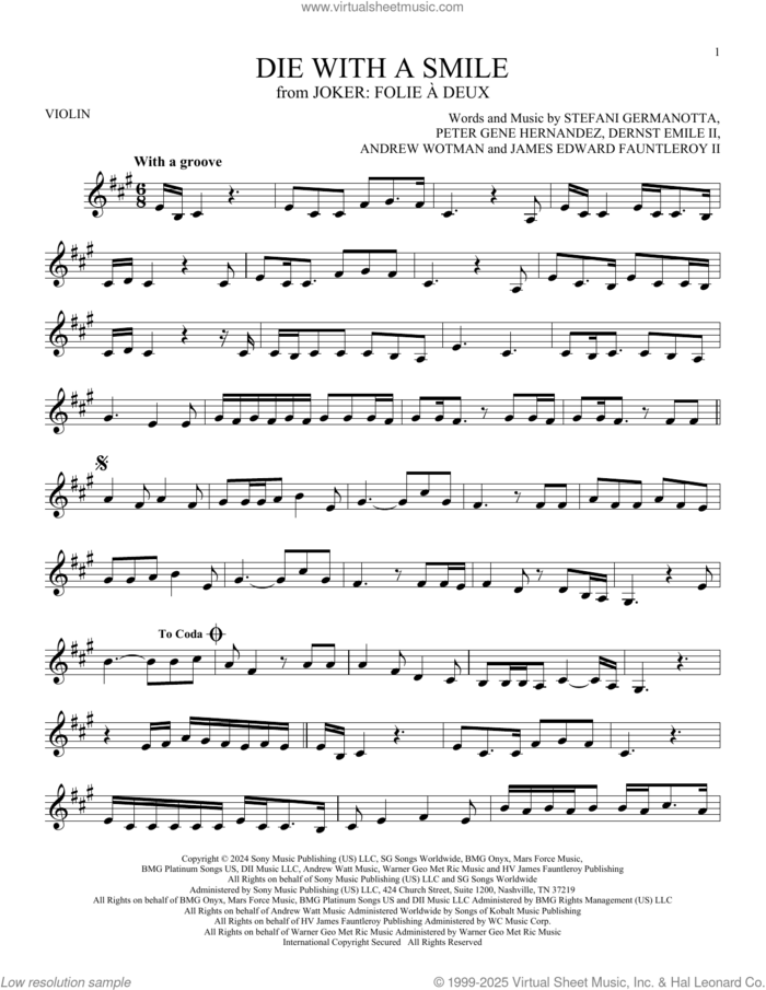 Die With A Smile sheet music for violin solo by Bruno Mars And Lady Gaga, Andrew Wotman (Andrew Watt), Dernst Emile II, James Fauntleroy, Lady Gaga and Peter Gene Hernandez, intermediate skill level