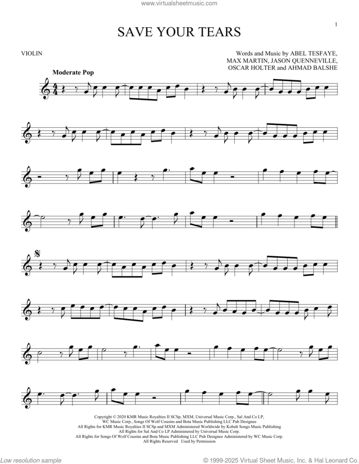 Save Your Tears sheet music for violin solo by The Weeknd, Abel Tesfaye, Ahmad Balshe, Jason Quenneville, Max Martin and Oscar Holter, intermediate skill level