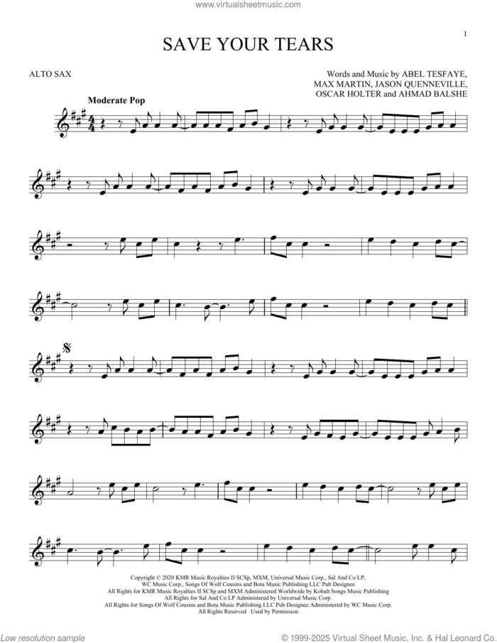 Save Your Tears sheet music for alto saxophone solo by The Weeknd, Abel Tesfaye, Ahmad Balshe, Jason Quenneville, Max Martin and Oscar Holter, intermediate skill level