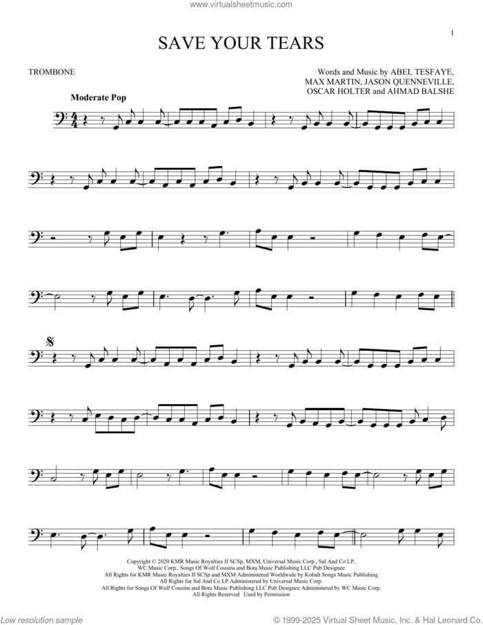 Save Your Tears sheet music for trombone solo by The Weeknd, Abel Tesfaye, Ahmad Balshe, Jason Quenneville, Max Martin and Oscar Holter, intermediate skill level