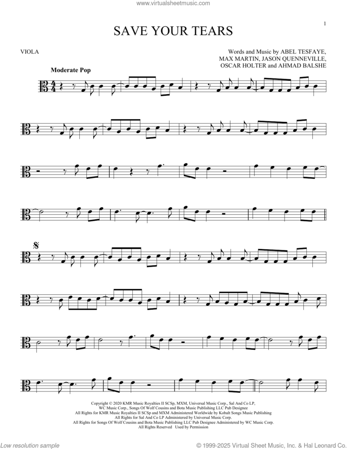 Save Your Tears sheet music for viola solo by The Weeknd, Abel Tesfaye, Ahmad Balshe, Jason Quenneville, Max Martin and Oscar Holter, intermediate skill level