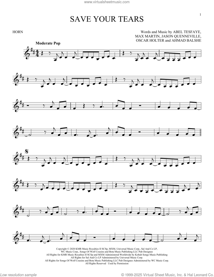 Save Your Tears sheet music for horn solo by The Weeknd, Abel Tesfaye, Ahmad Balshe, Jason Quenneville, Max Martin and Oscar Holter, intermediate skill level