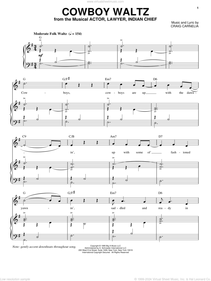 Cowboy Waltz sheet music for voice and piano by Craig Carnelia, intermediate skill level