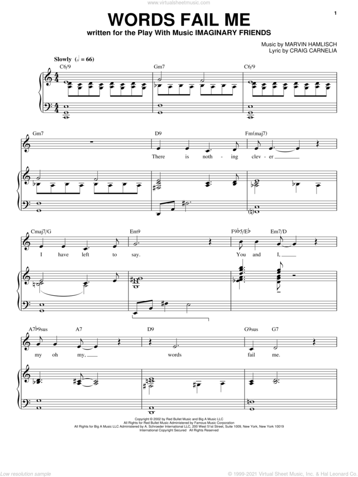 Words Fail Me sheet music for voice and piano by Craig Carnelia and Marvin Hamlisch, intermediate skill level
