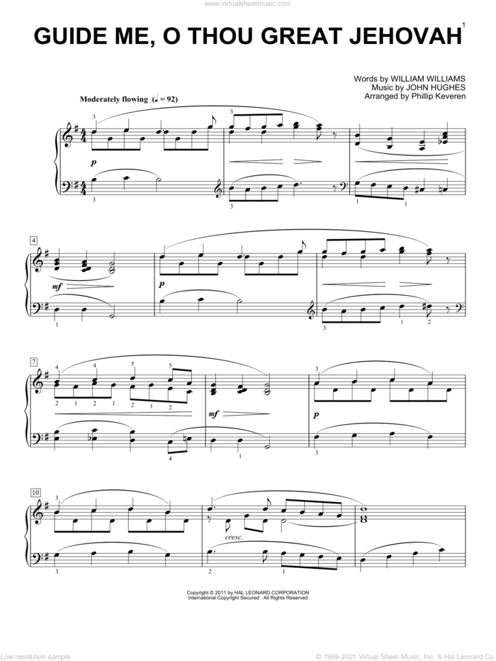 Guide Me, O Thou Great Jehovah [Classical version] (arr. Phillip Keveren) sheet music for piano solo by William Williams, Phillip Keveren, John Hughes and Peter Williams, intermediate skill level