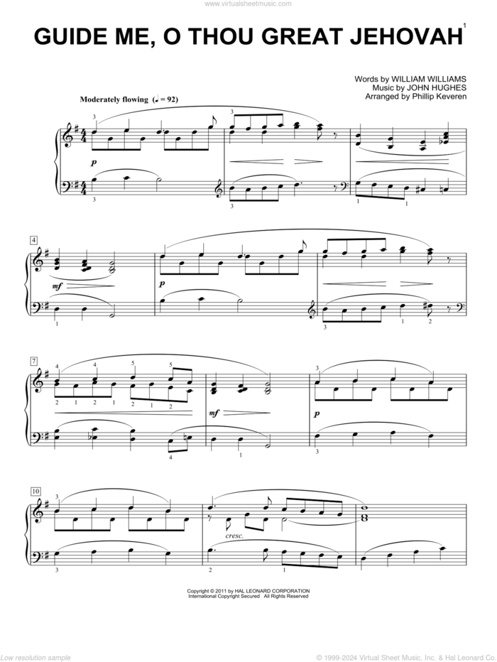 Guide Me, O Thou Great Jehovah [Classical version] (arr. Phillip Keveren) sheet music for piano solo by William Williams, Phillip Keveren, John Hughes and Peter Williams, intermediate skill level