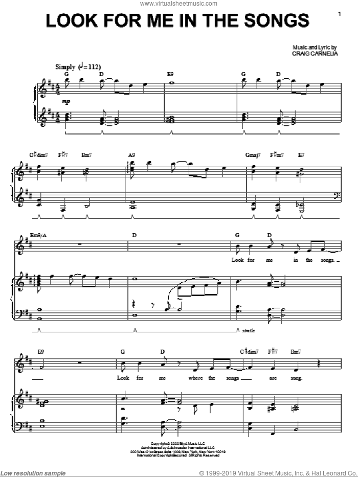 Look For Me In The Songs sheet music for voice and piano by Craig Carnelia, intermediate skill level