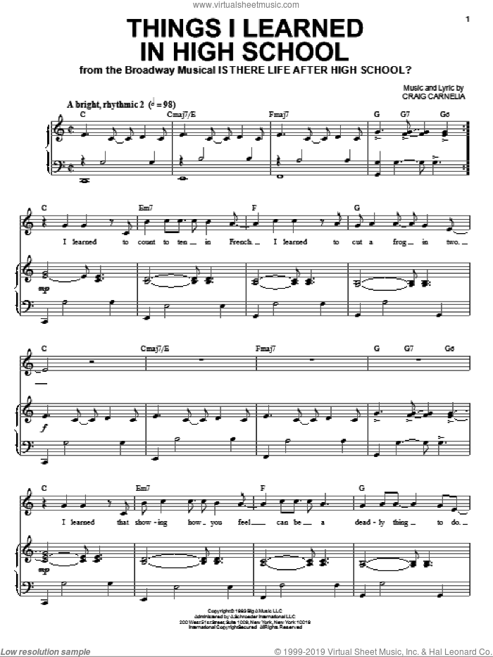 Things I Learned In High School sheet music for voice and piano by Craig Carnelia, intermediate skill level