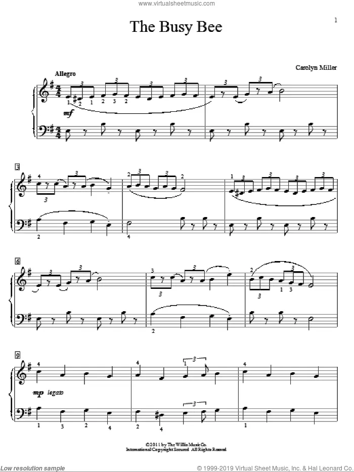 The Busy Bee sheet music for piano solo (elementary) by Carolyn Miller, beginner piano (elementary)