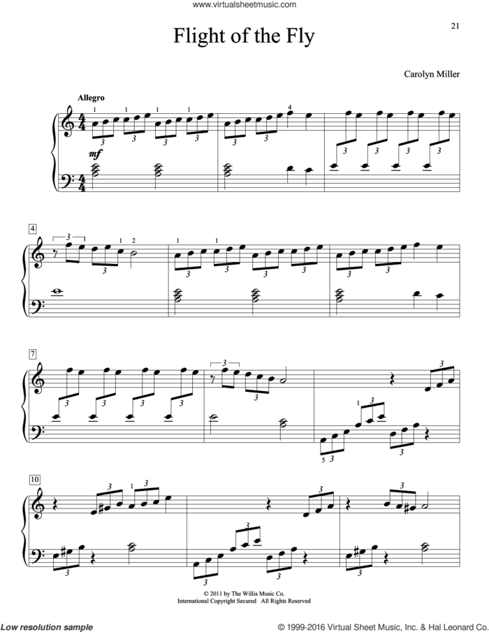 Flight Of The Fly sheet music for piano solo (elementary) by Carolyn Miller, beginner piano (elementary)