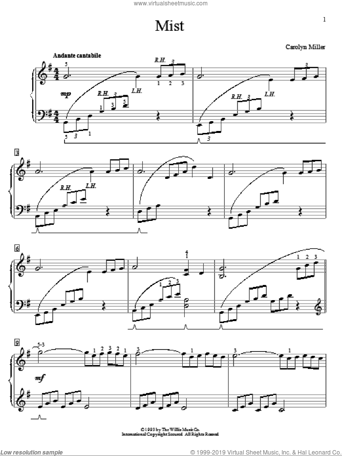 Mist sheet music for piano solo (elementary) by Carolyn Miller, beginner piano (elementary)