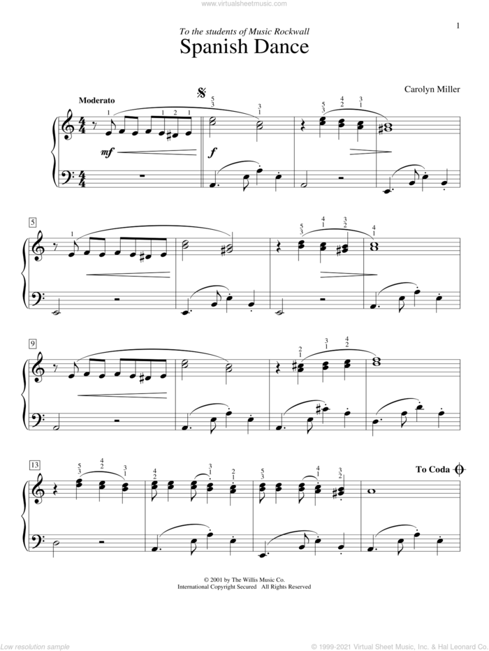 Spanish Dance sheet music for piano solo (elementary) by Carolyn Miller, beginner piano (elementary)