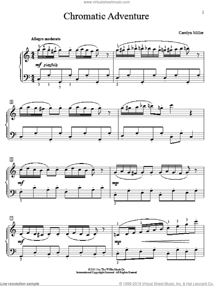Chromatic Adventure sheet music for piano solo (elementary) by Carolyn Miller, classical score, beginner piano (elementary)