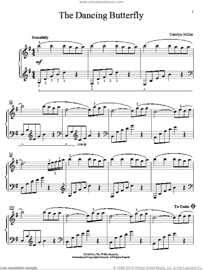 The Dancing Butterfly sheet music for piano solo (elementary) by Carolyn Miller, classical score, beginner piano (elementary)