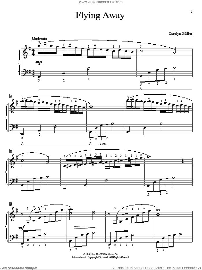 Flying Away sheet music for piano solo (elementary) by Carolyn Miller, classical score, beginner piano (elementary)