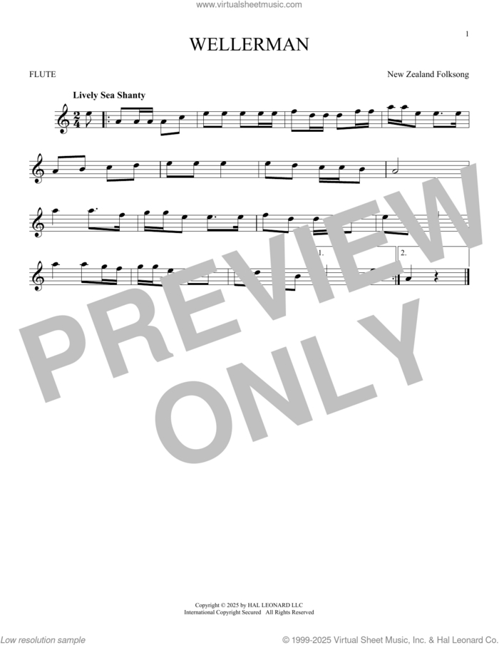 Wellerman sheet music for flute solo by New Zealand Folksong, intermediate skill level