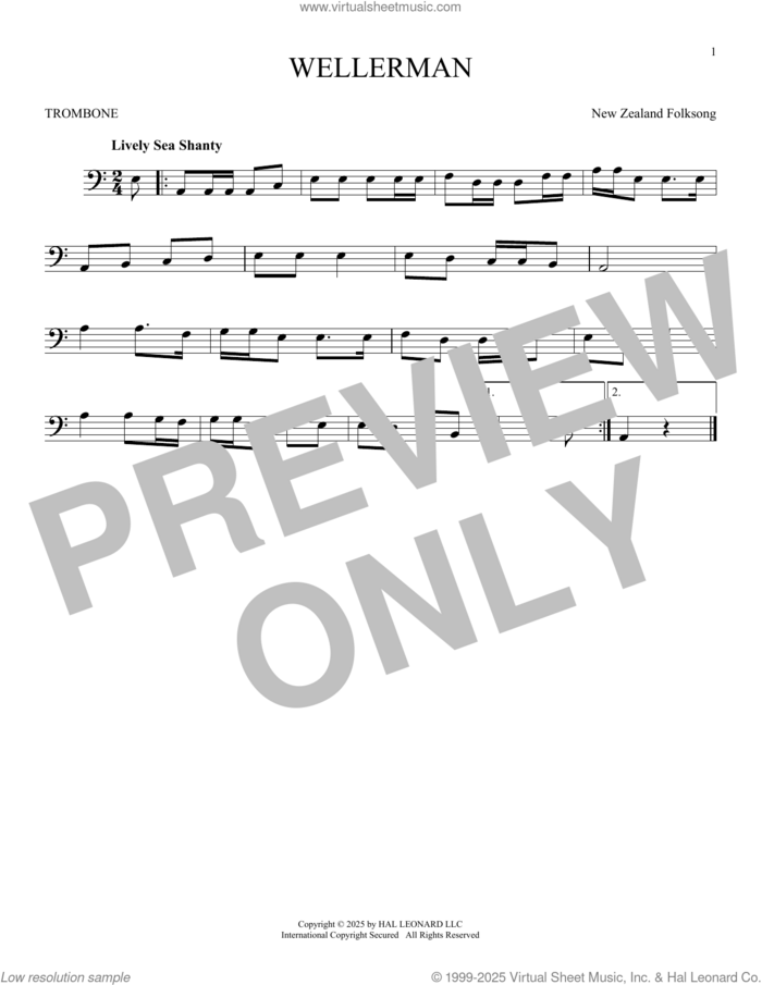 Wellerman sheet music for trombone solo by New Zealand Folksong, intermediate skill level