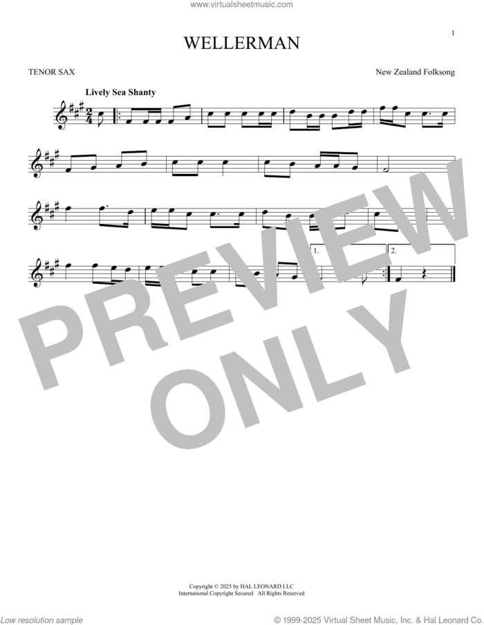 Wellerman sheet music for tenor saxophone solo by New Zealand Folksong, intermediate skill level