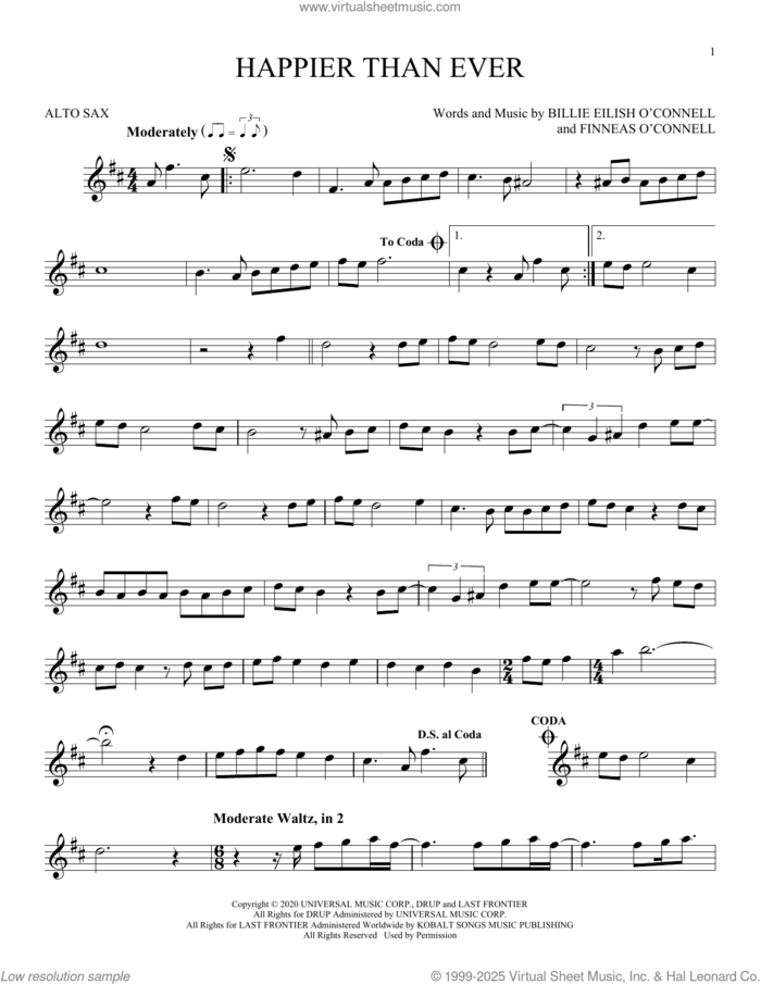 Happier Than Ever sheet music for alto saxophone solo by Billie Eilish, intermediate skill level