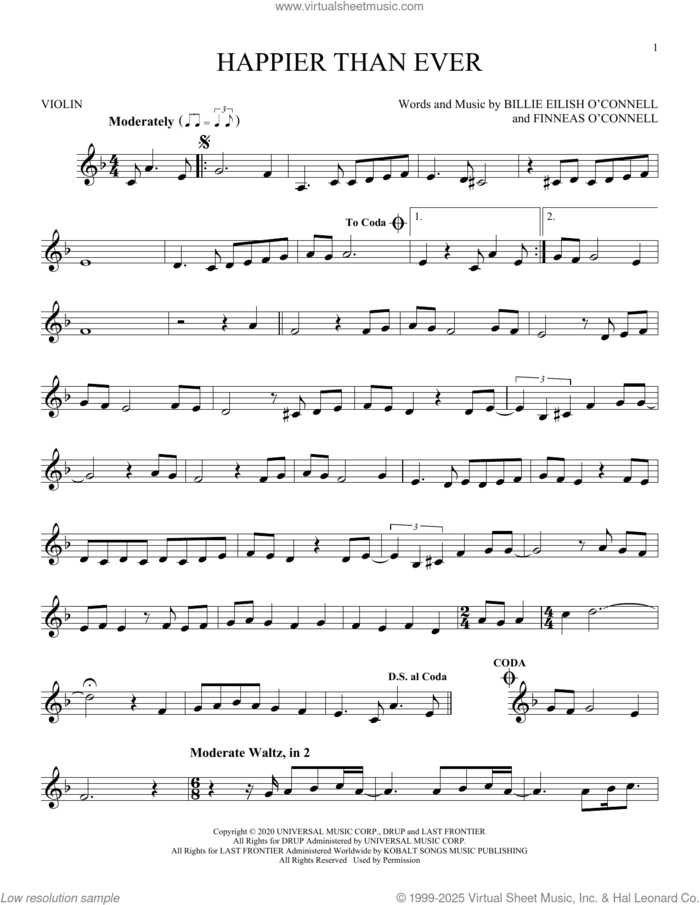 Happier Than Ever sheet music for violin solo by Billie Eilish, intermediate skill level
