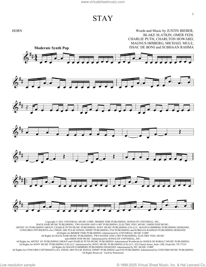 Stay (feat. Justin Bieber) sheet music for horn solo by The Kid LAROI, Blake Slatkin, Charlie Puth, Charlton Howard, Issac De Boni, Justin Bieber, Magnus HAuiberg, Michael Mule, Omer Fedi and Subhaan Rahman, intermediate skill level