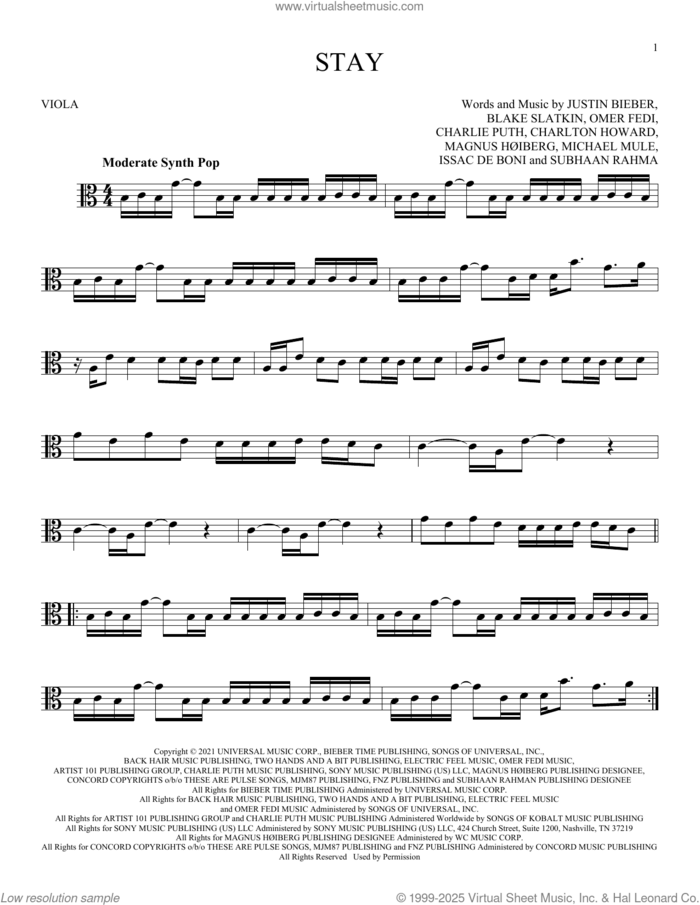 Stay (feat. Justin Bieber) sheet music for viola solo by The Kid LAROI, Blake Slatkin, Charlie Puth, Charlton Howard, Issac De Boni, Justin Bieber, Magnus HAuiberg, Michael Mule, Omer Fedi and Subhaan Rahman, intermediate skill level