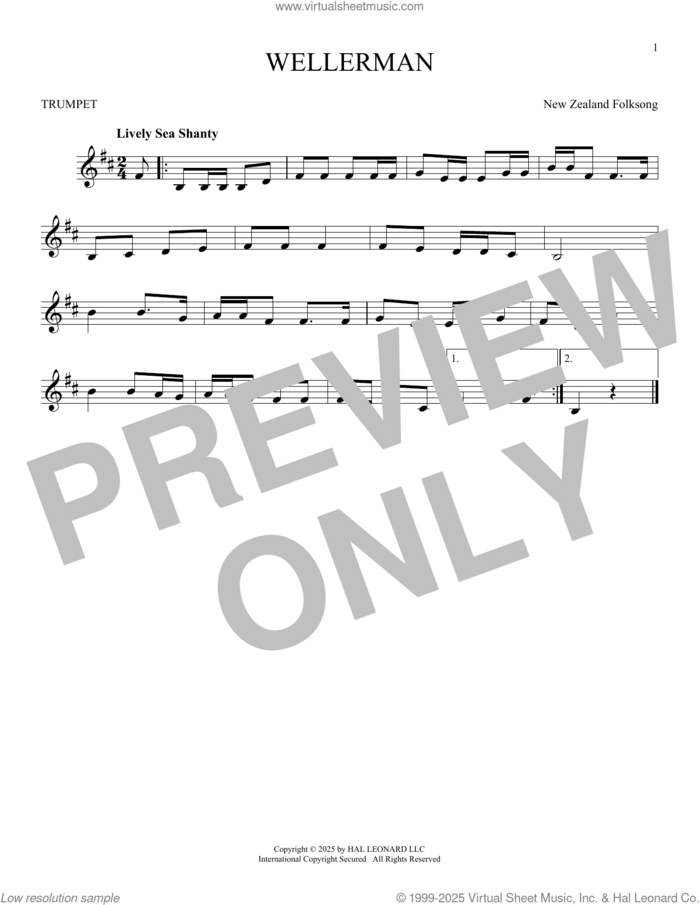 Wellerman sheet music for trumpet solo by New Zealand Folksong, intermediate skill level
