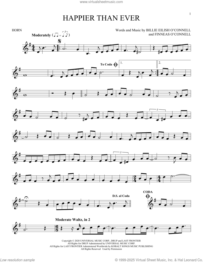 Happier Than Ever sheet music for horn solo by Billie Eilish, intermediate skill level