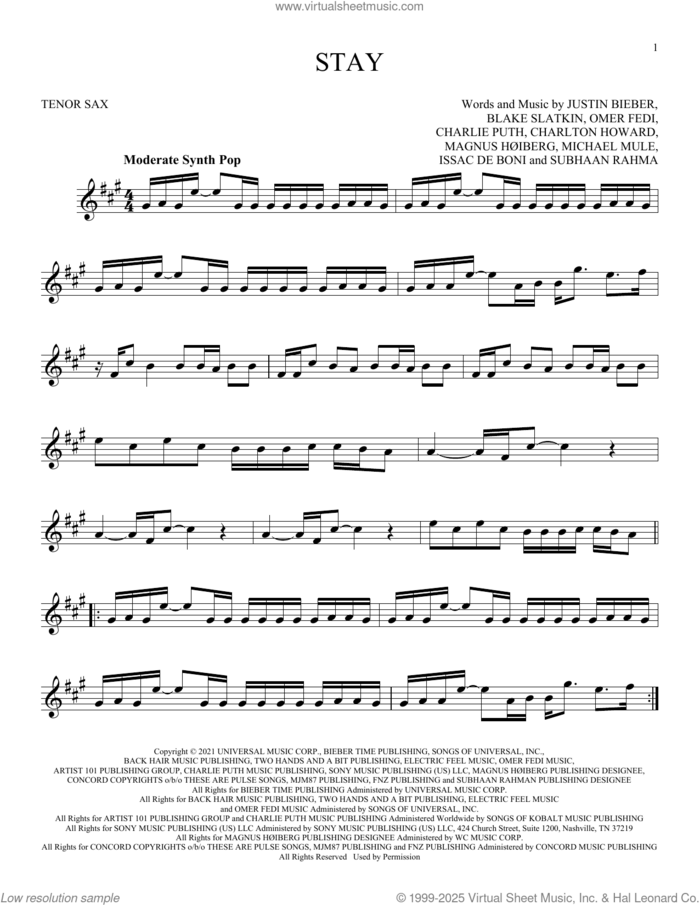 Stay (feat. Justin Bieber) sheet music for tenor saxophone solo by The Kid LAROI, Blake Slatkin, Charlie Puth, Charlton Howard, Issac De Boni, Justin Bieber, Magnus HAuiberg, Michael Mule, Omer Fedi and Subhaan Rahman, intermediate skill level