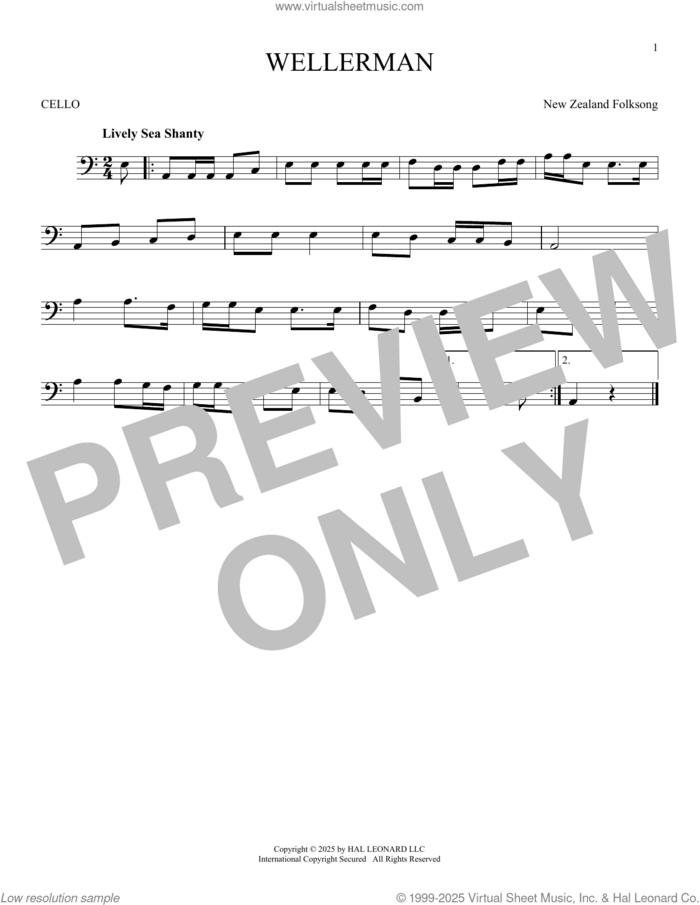 Wellerman sheet music for cello solo by New Zealand Folksong, intermediate skill level