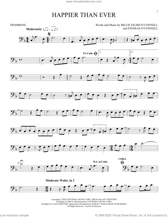Happier Than Ever sheet music for trombone solo by Billie Eilish, intermediate skill level