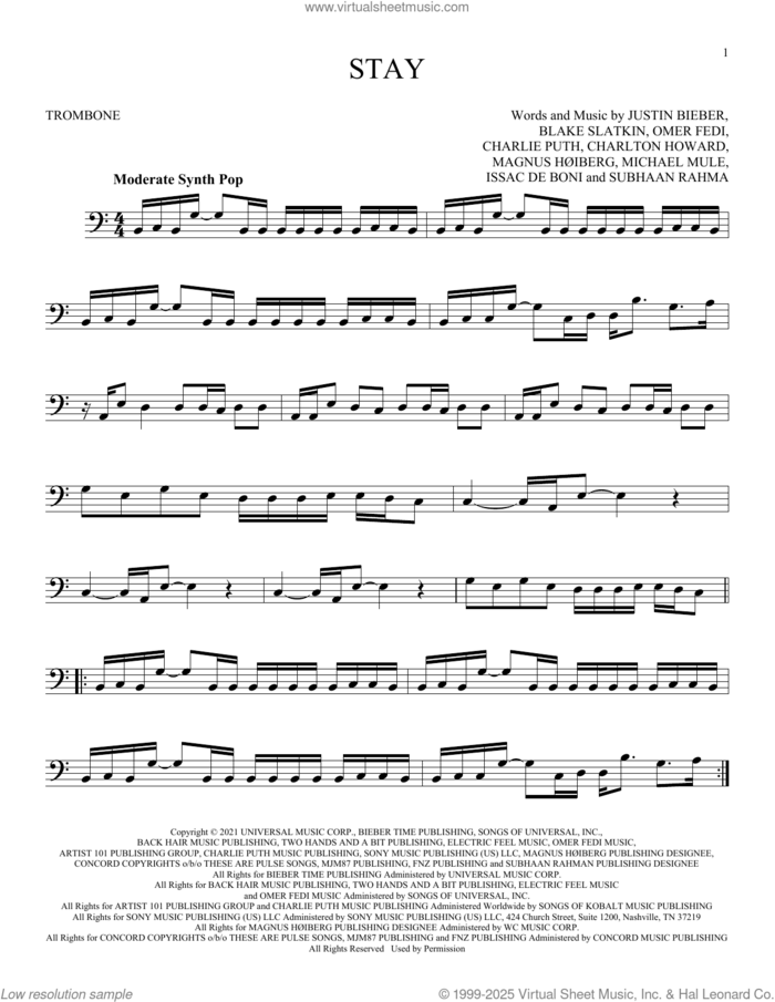 Stay (feat. Justin Bieber) sheet music for trombone solo by The Kid LAROI, Blake Slatkin, Charlie Puth, Charlton Howard, Issac De Boni, Justin Bieber, Magnus HAuiberg, Michael Mule, Omer Fedi and Subhaan Rahman, intermediate skill level