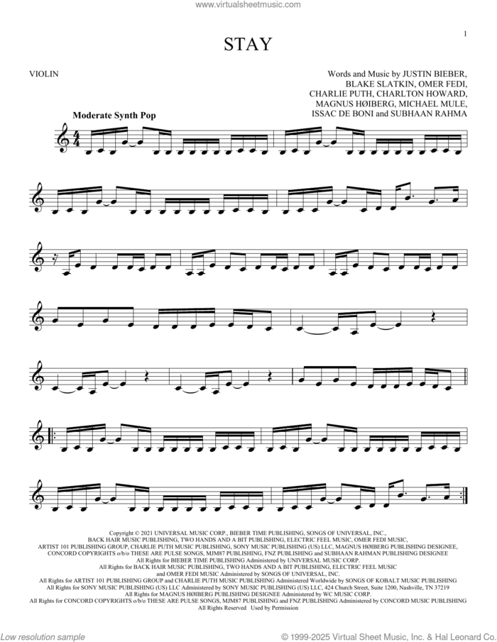 Stay (feat. Justin Bieber) sheet music for violin solo by The Kid LAROI, Blake Slatkin, Charlie Puth, Charlton Howard, Issac De Boni, Justin Bieber, Magnus HAuiberg, Michael Mule, Omer Fedi and Subhaan Rahman, intermediate skill level