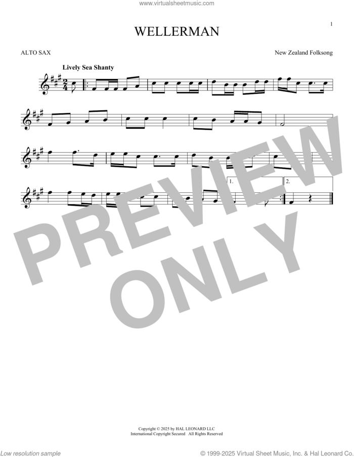 Wellerman sheet music for alto saxophone solo by New Zealand Folksong, intermediate skill level