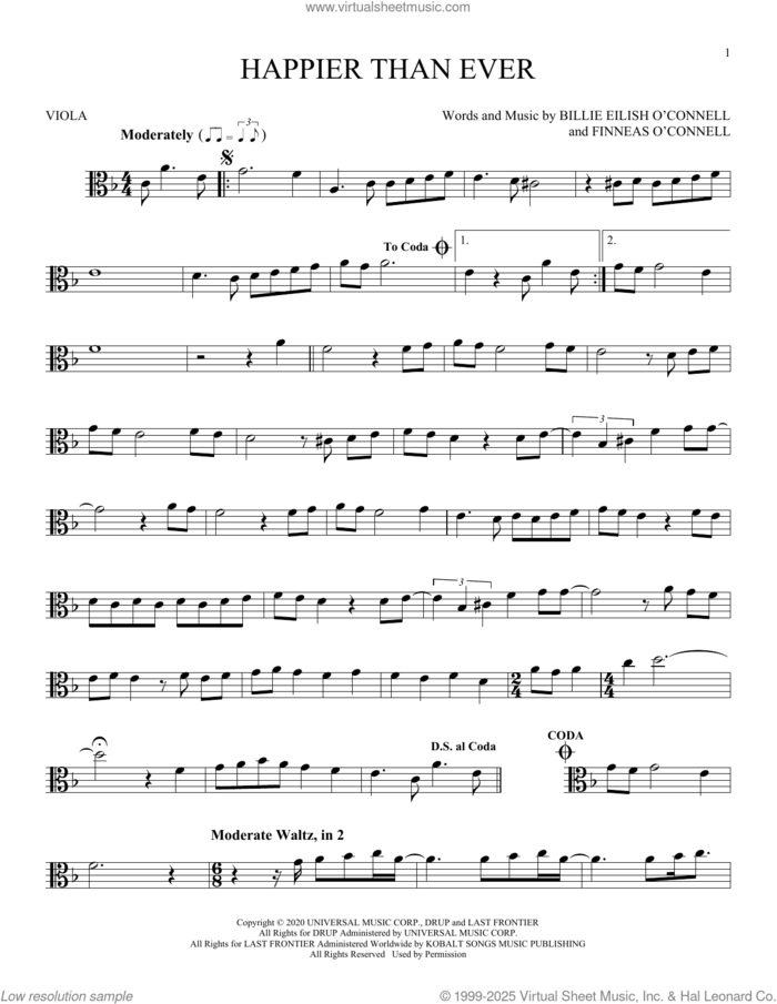 Happier Than Ever sheet music for viola solo by Billie Eilish, intermediate skill level