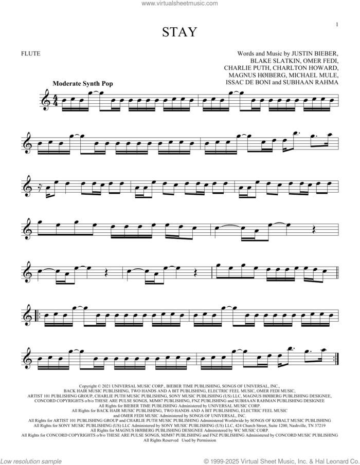 Stay (feat. Justin Bieber) sheet music for flute solo by The Kid LAROI, Blake Slatkin, Charlie Puth, Charlton Howard, Issac De Boni, Justin Bieber, Magnus HAuiberg, Michael Mule, Omer Fedi and Subhaan Rahman, intermediate skill level