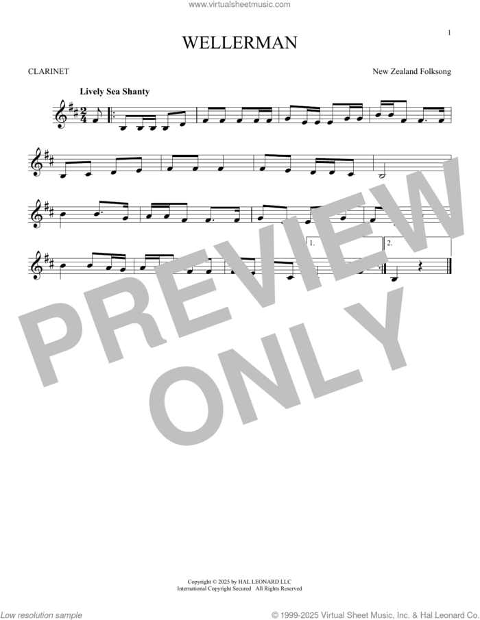 Wellerman sheet music for clarinet solo by New Zealand Folksong, intermediate skill level