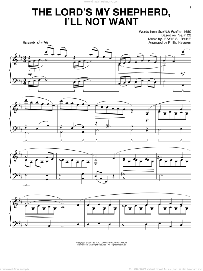 The Lord's My Shepherd, I'll Not Want [Classical version] (arr. Phillip Keveren) sheet music for piano solo by Jessie S. Irvine, Phillip Keveren and Scottish Psalter, intermediate skill level