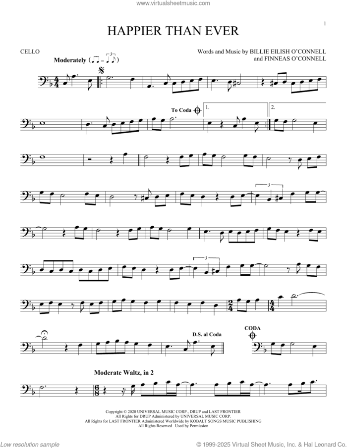 Happier Than Ever sheet music for cello solo by Billie Eilish, intermediate skill level