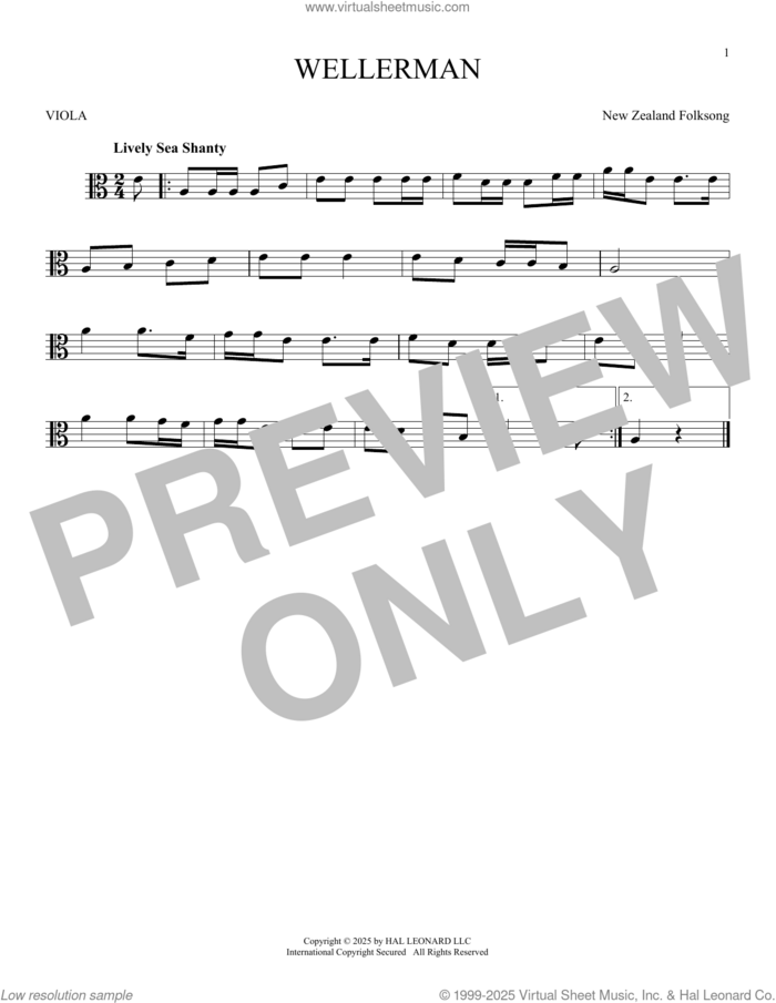 Wellerman sheet music for viola solo by New Zealand Folksong, intermediate skill level